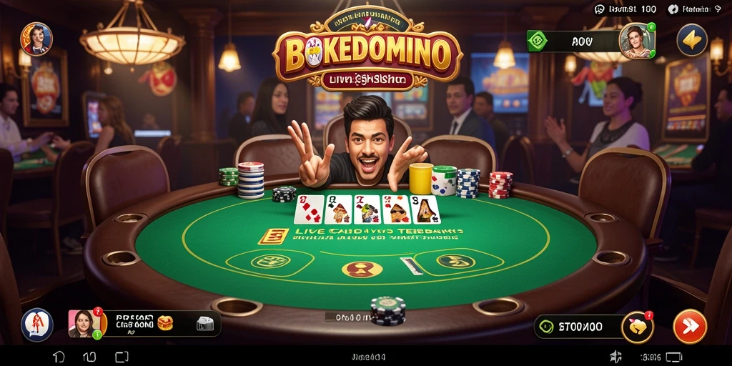 Screenshot gameplay BOKEDOMINO menunjukkan dealer profesional dan interaksi pemain.