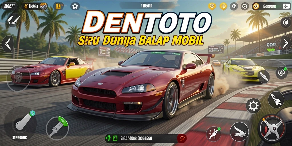Screenshot gameplay DENTOTO menampilkan balapan mobil yang mendebarkan.