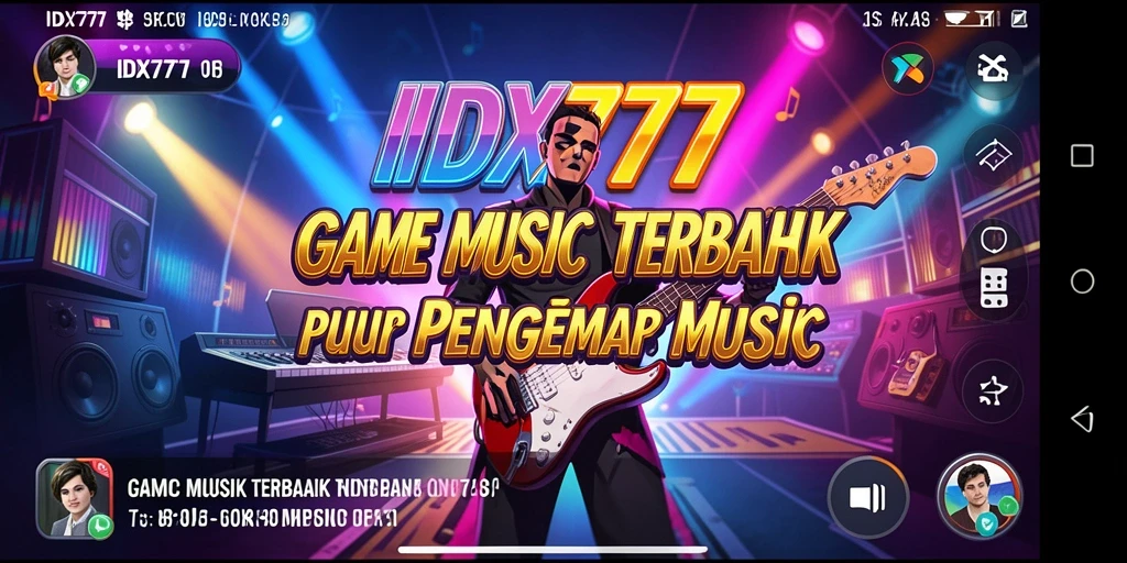 Tampilan gameplay IDX777 dengan antarmuka penuh warna dan interaksi musik.