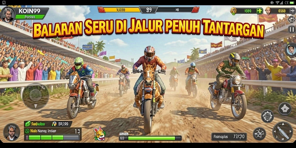 Screenshot gameplay KOIN99 menampilkan aksi balap yang mendebarkan.