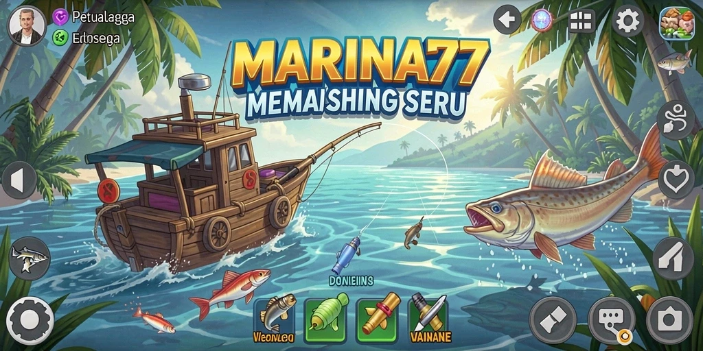 Tampilan gameplay MARINA77 saat menangkap ikan di danau yang tenang.