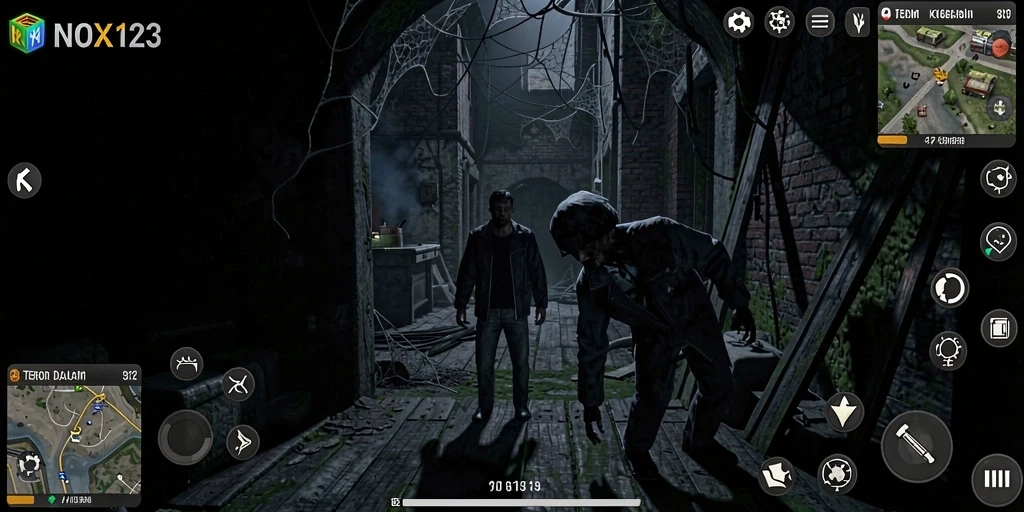 Screenshot utama NOX123 menampilkan momen ketegangan saat menjelajahi tempat angker.