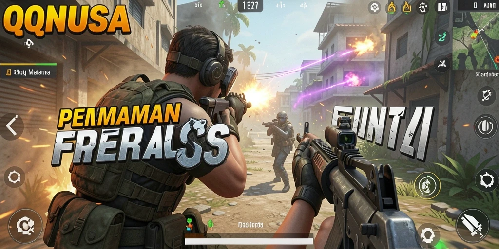Screenshot menunjukkan aksi gameplay intens dari QQNUSA dalam pertempuran FPS.