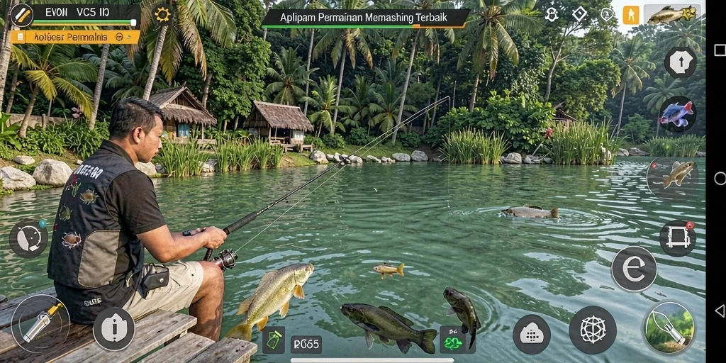 Screenshot gameplay VC55 menampilkan pemain sedang memancing di danau tenang.